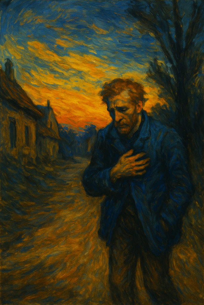 Painting of Vincent van Gogh in a gloomy street, in his final days