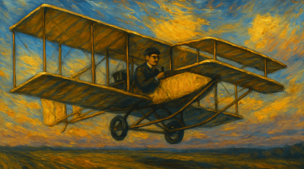 Orville Wright flying a military aircraft in 1909, painted in warm tones