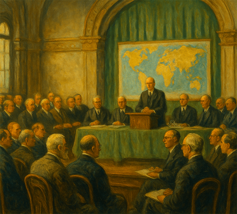 Oil painting of scientists from different countries gathered in Brussels, 1922, founding the International Geographical Union.