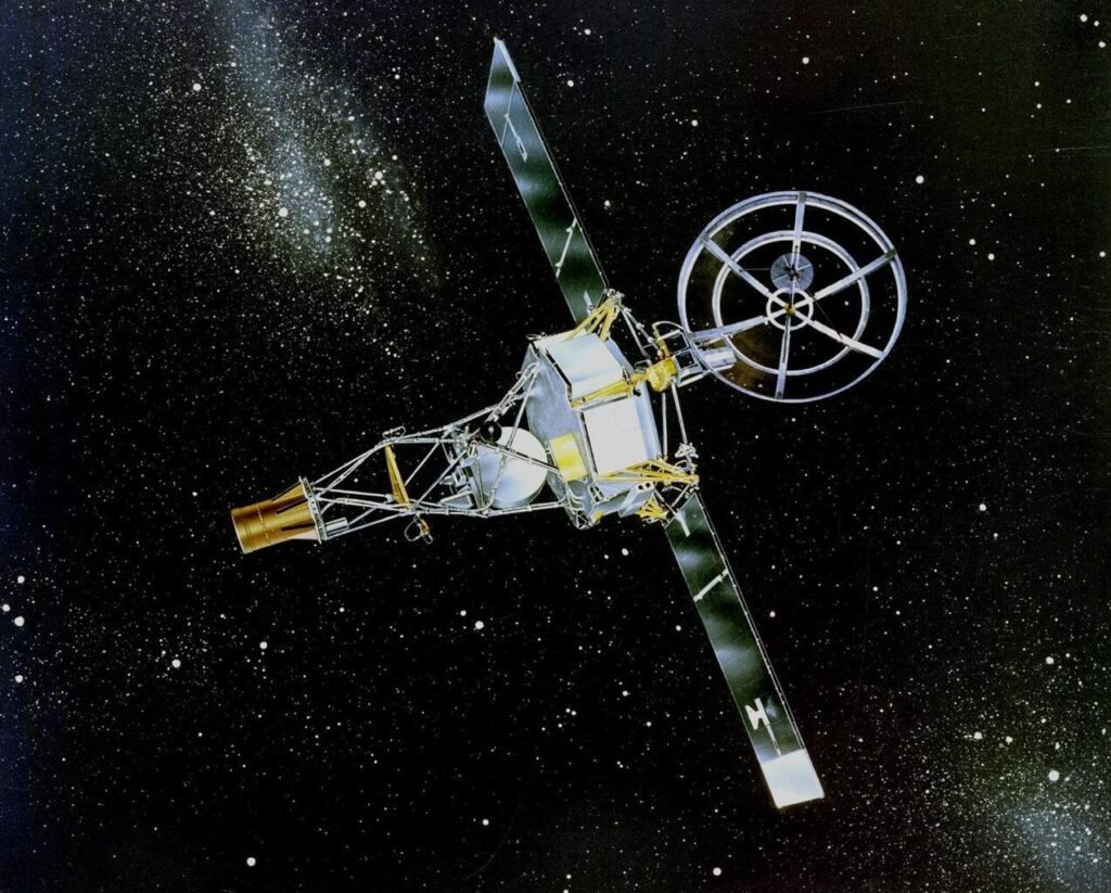 Mariner 2 spacecraft traveling through space toward Venus on its 1962 flyby mission.
